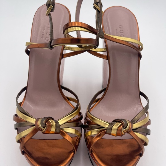 Gucci Metallic Gold & Bronze Strappy Wedge Sandals - Picture 5 of 9